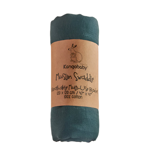 Kangobaby muslin swaddle blanket with brown label on a white background