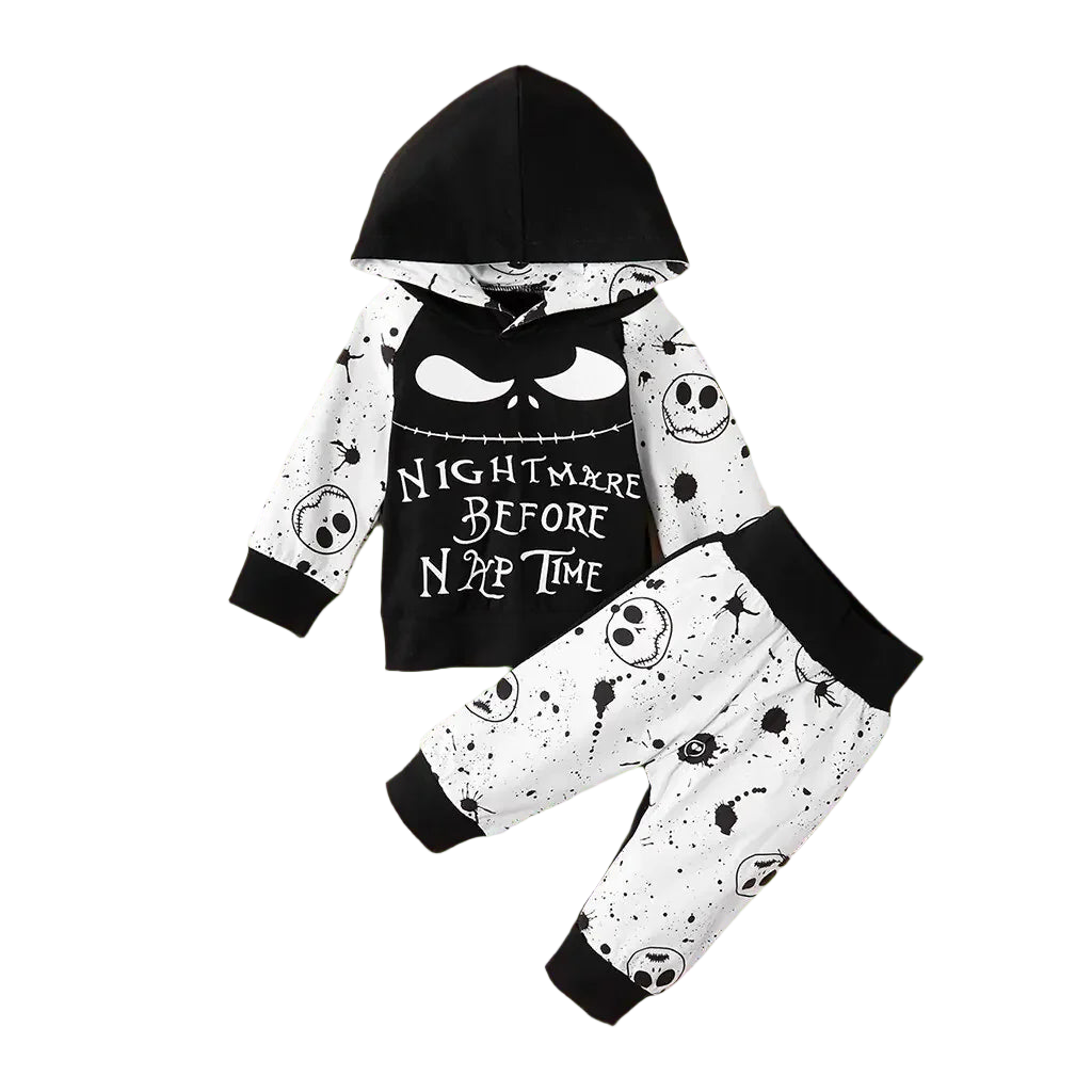 Children's hoodie and pants set with 'Nightmare Before Christmas' design on a beige background