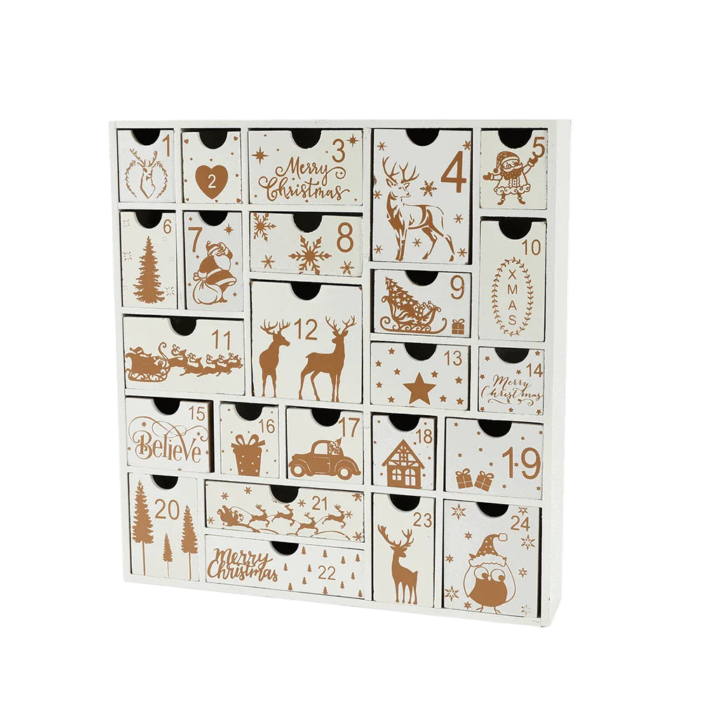 Advent calendar with Christmas-themed designs on a white background