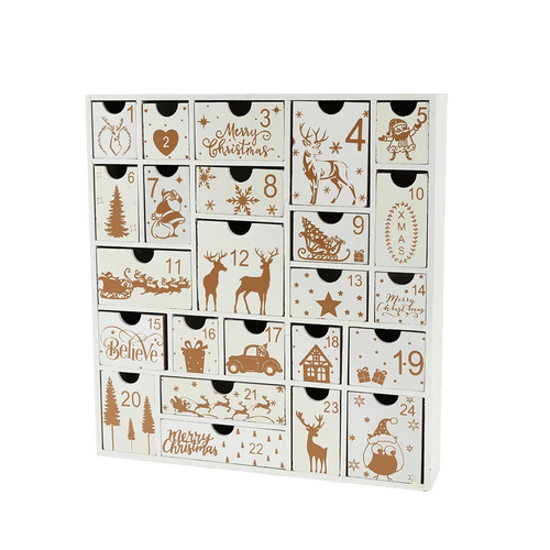 Advent calendar with Christmas-themed designs on a white background