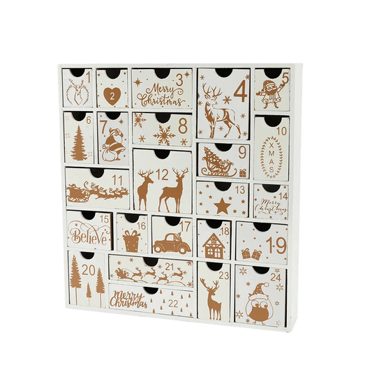 Advent calendar with Christmas-themed designs on a white background