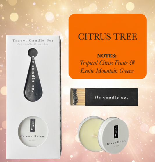 Travel candle set with packaging, matches, and a description card labeled 'Citrus Tree'.