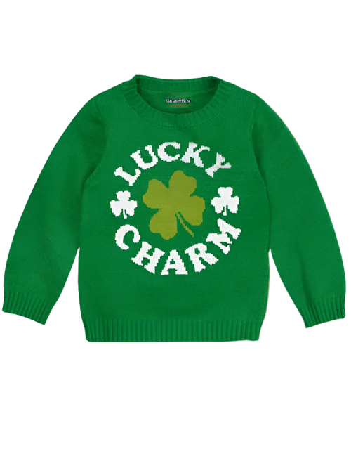 Green sweater with 'Lucky Charm' and clover design on a white background