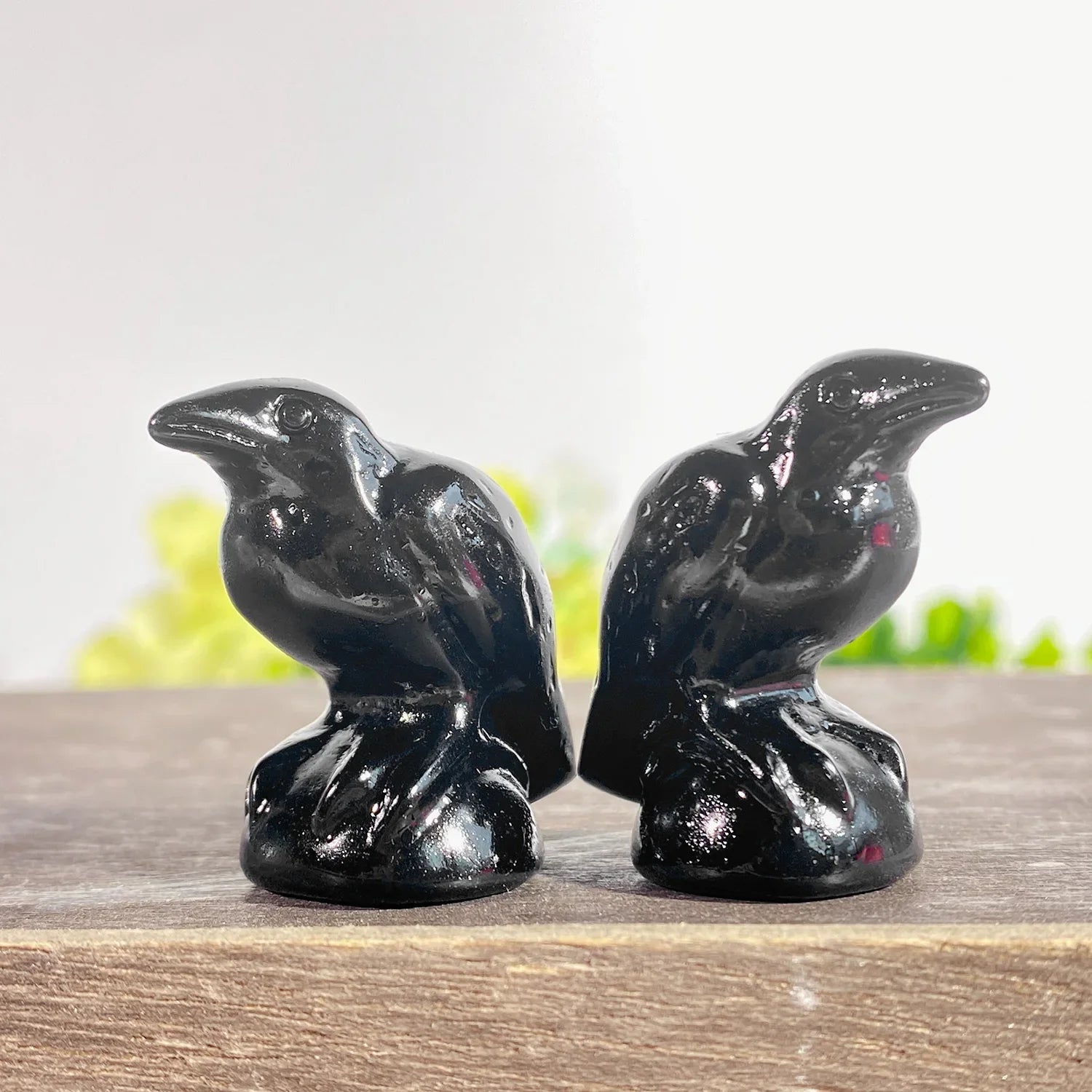 Two black bird-shaped objects on a wooden surface with a blurred green background