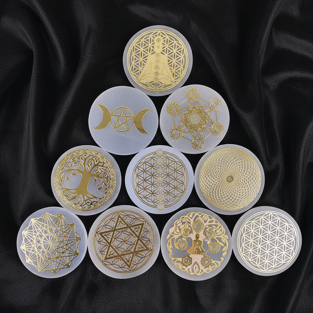 Set of gold and white circular designs on a blue fabric background