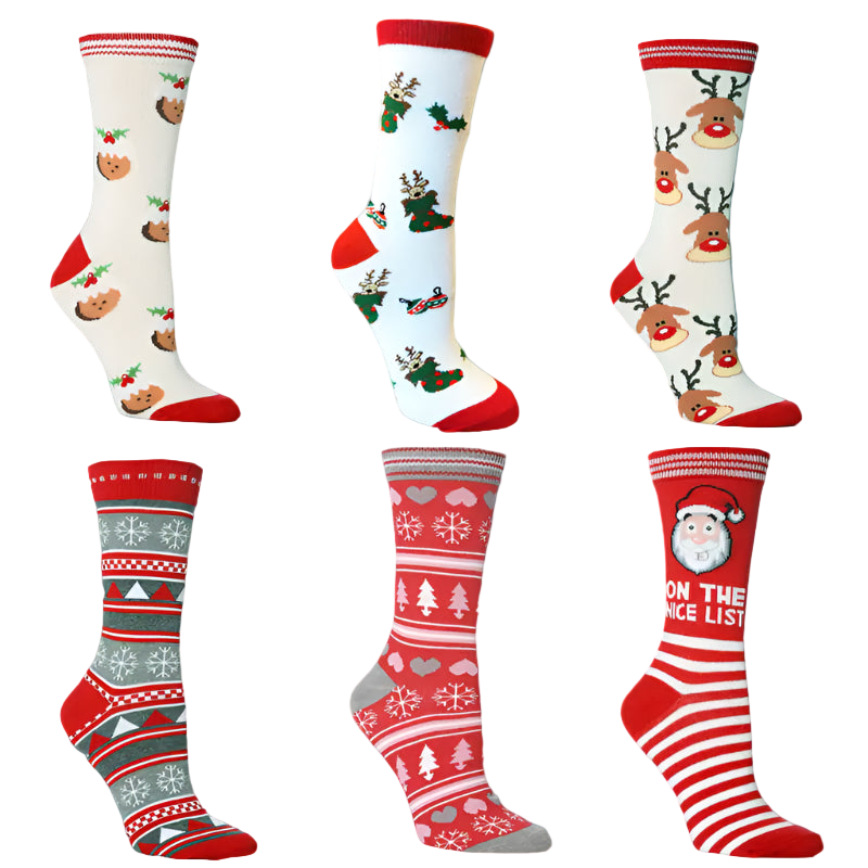 Set of six Christmas-themed socks with various patterns on a white background