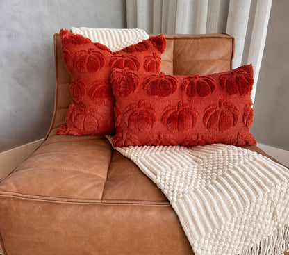 Brown leather chair with red textured pillows and a white blanket