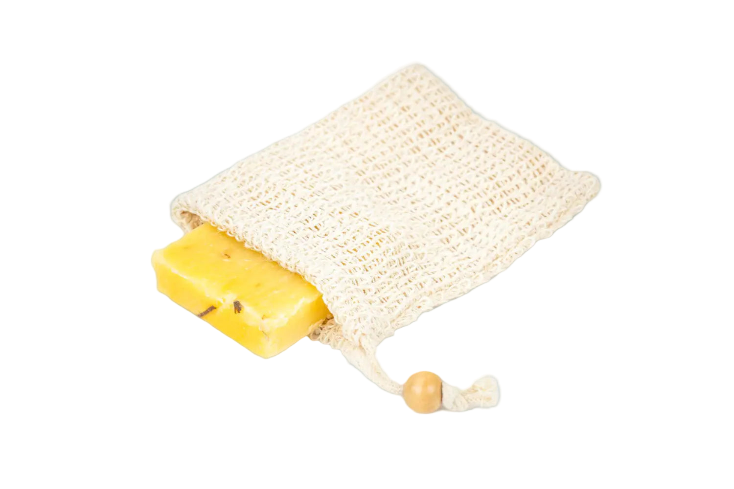 Yellow bar of soap in a beige woven pouch on a white background