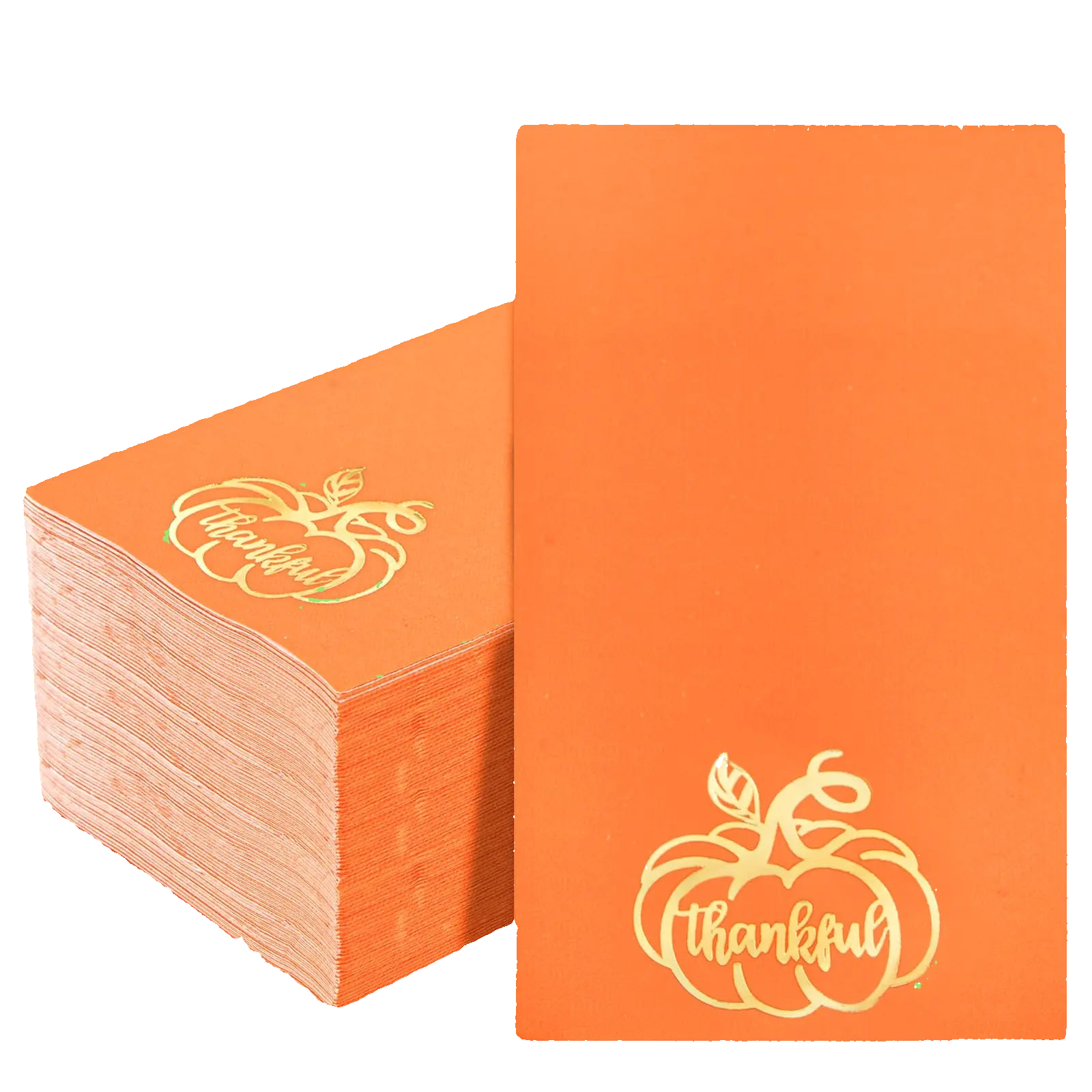 Stack of orange napkins with 'Thankful' design on a white background