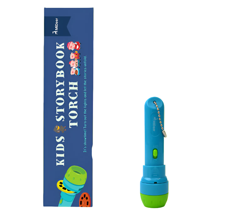 Blue and green kids' torch with packaging labeled 'Kids' Storybook Torch' on a white background.