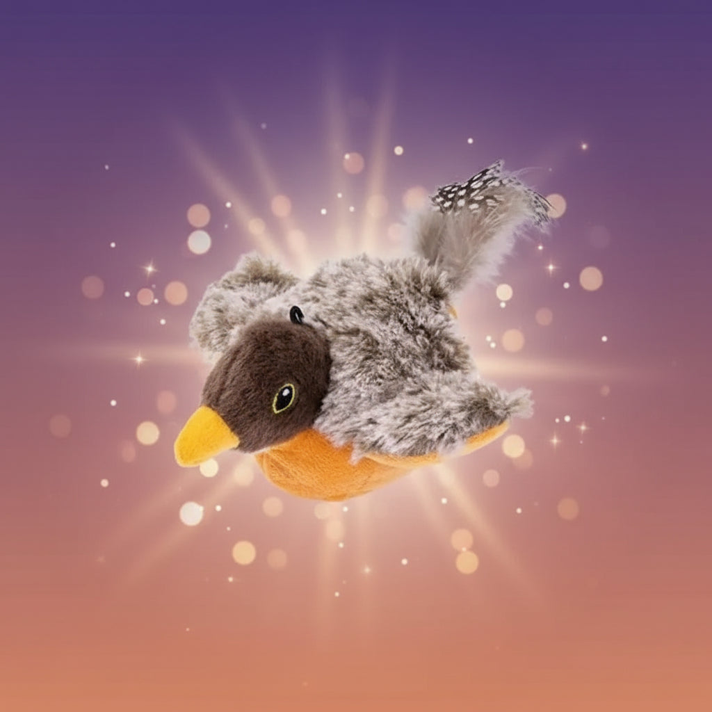 Plush toy resembling a bird with gray, brown, and orange colors on a white background.