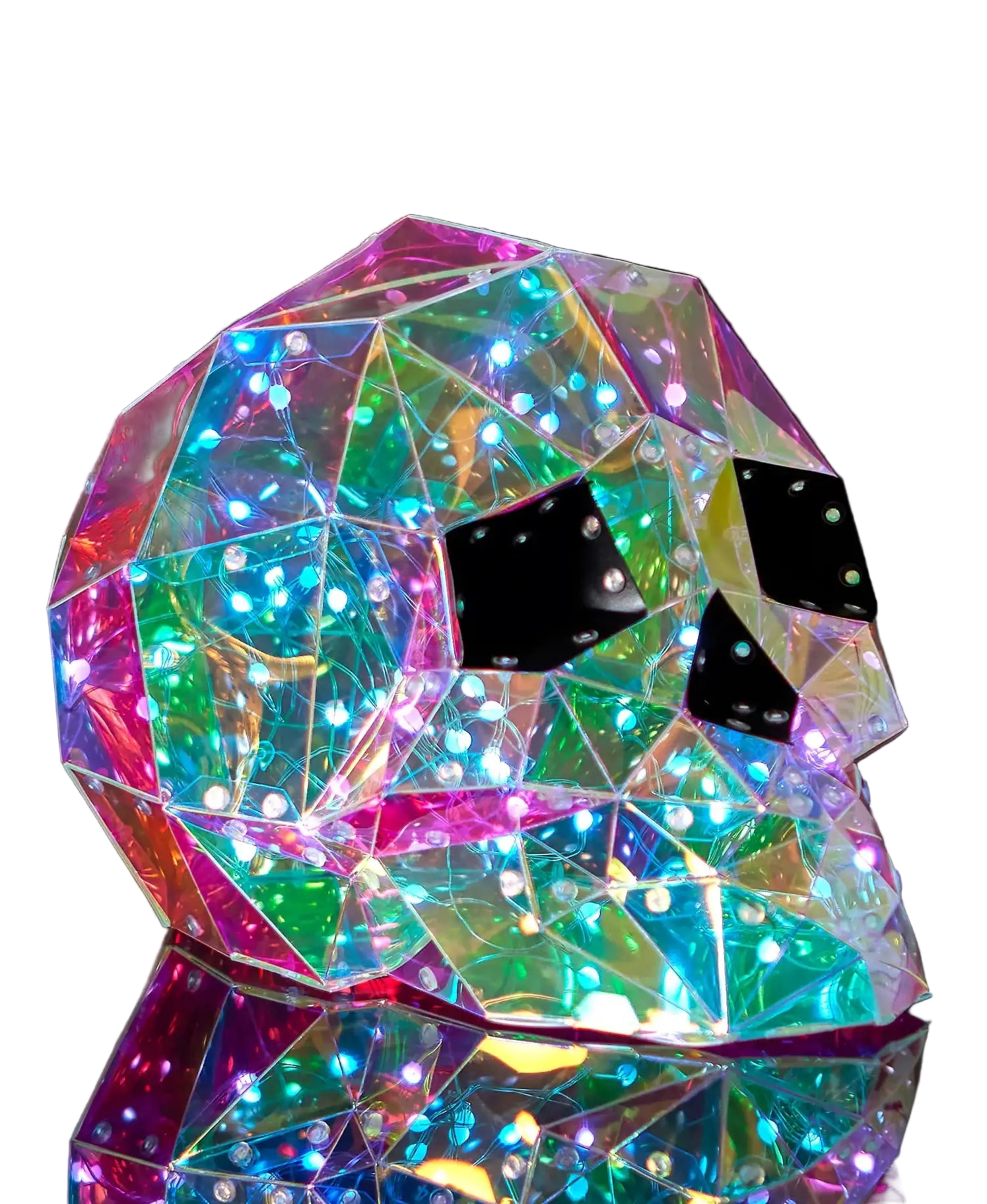 Multicolored geometric crystal sculpture on a dark background