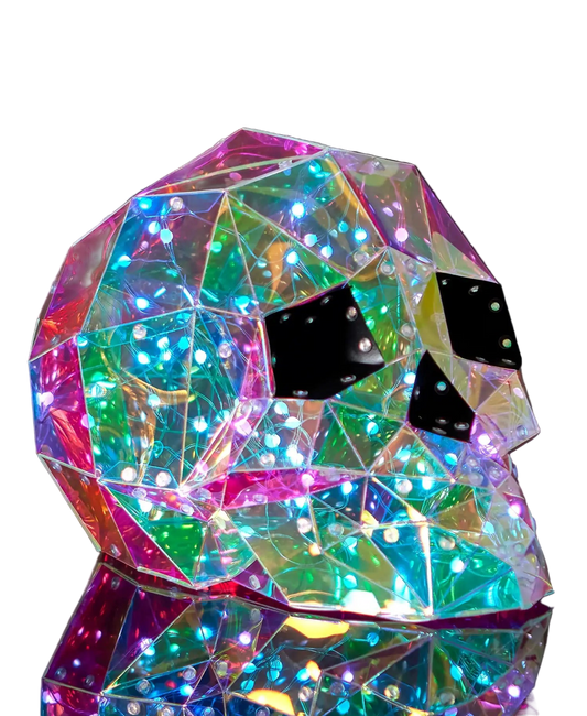 Multicolored geometric crystal sculpture on a dark background