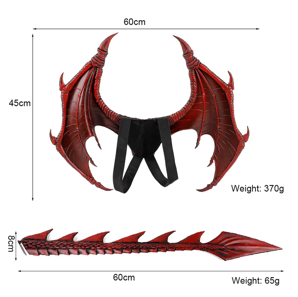 Red dragon wings with measurements and weight on a white background