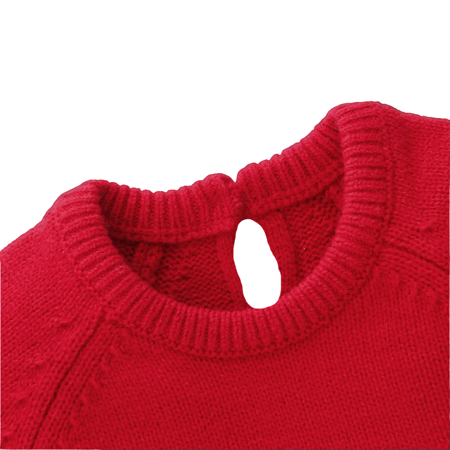Close-up of a red knitted sweater collar on a white background
