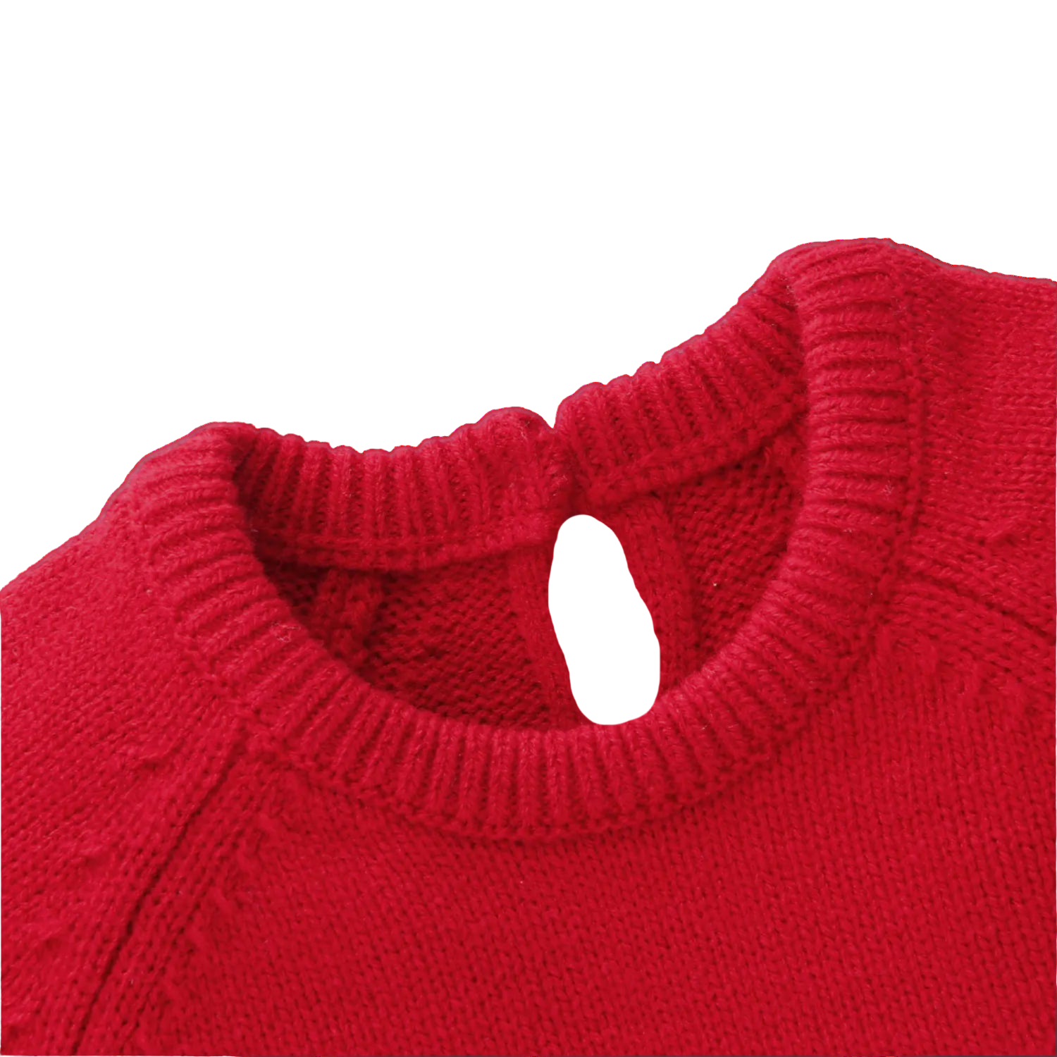 Close-up of a red knitted sweater collar on a white background