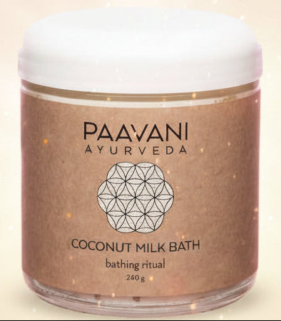 Jar of Paavani Ayurveda coconut milk bath on a white background