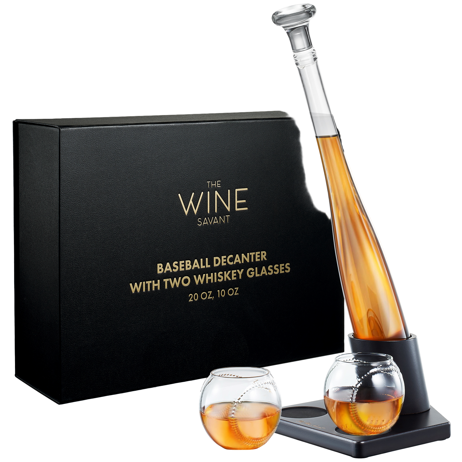 Baseball decanter set with two whiskey glasses and a black box labeled 'The Wine Savant' on a white background.
