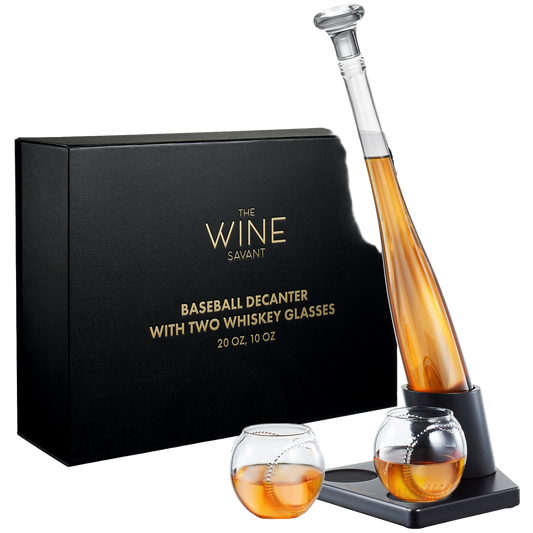 Baseball decanter set with two whiskey glasses and a black box labeled 'The Wine Savant' on a white background.