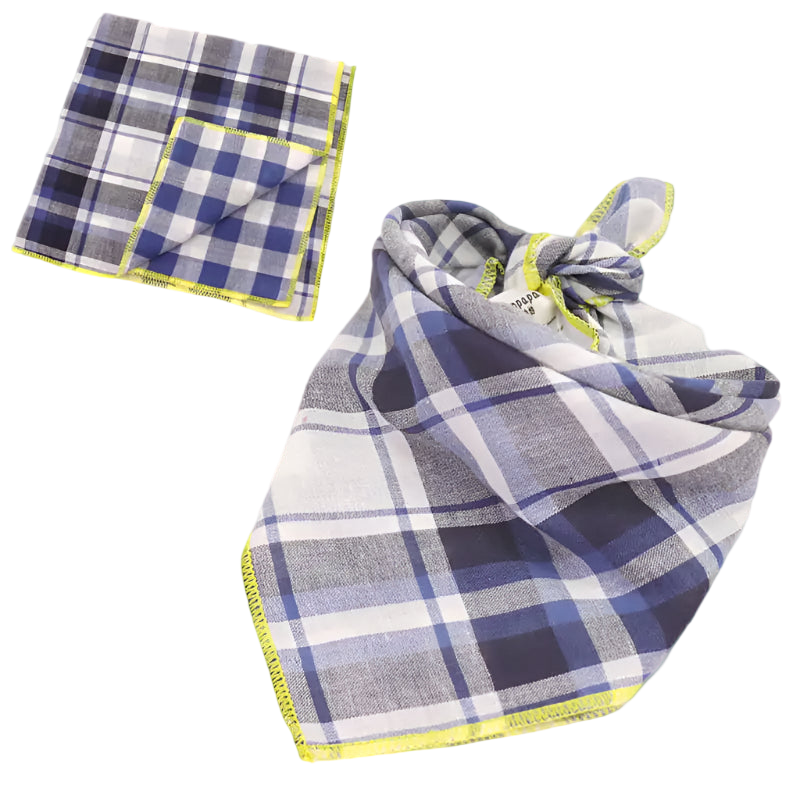 Plaid scarf and pocket square set on a white background