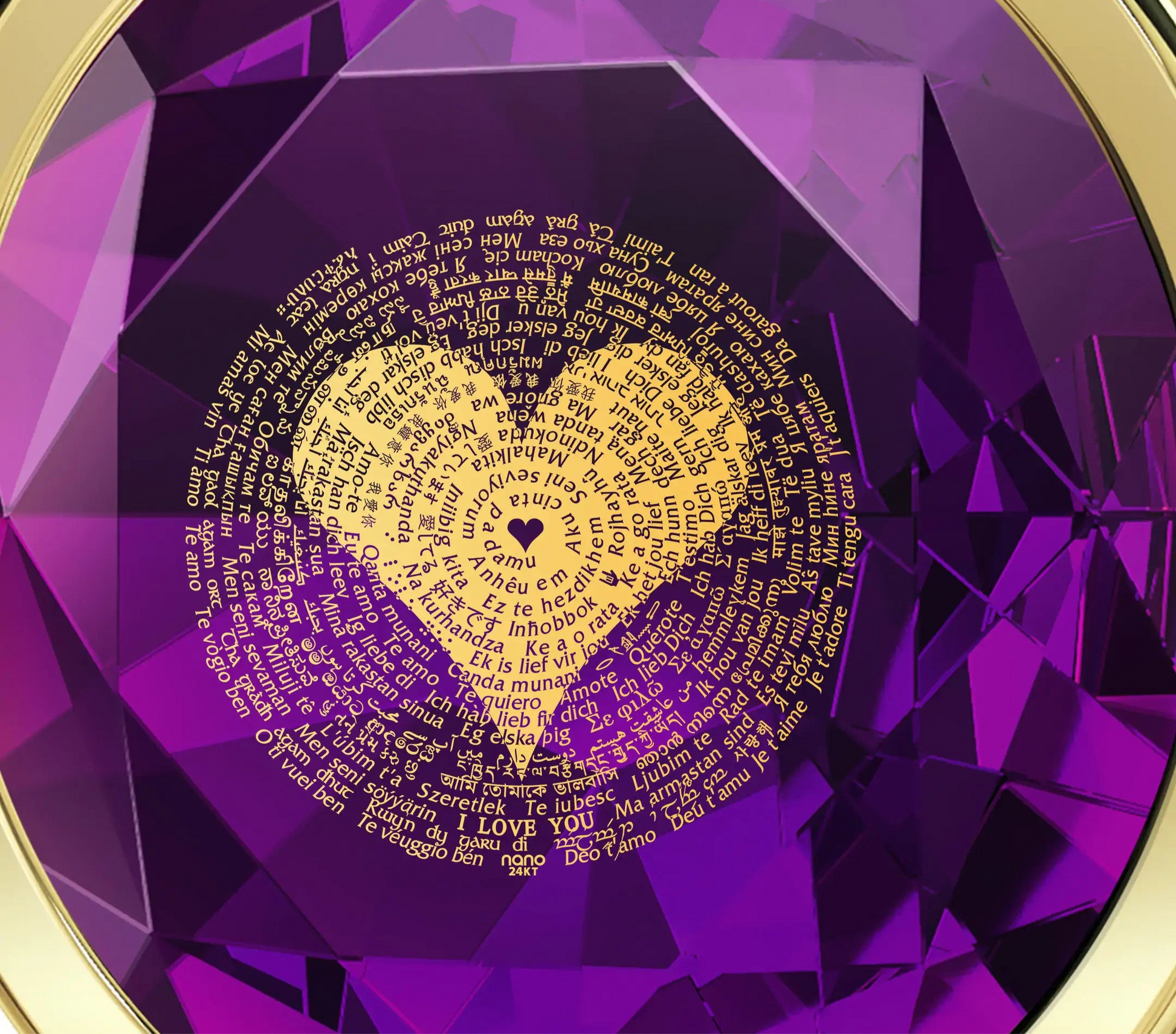 Purple gemstone with gold heart design and text inside, surrounded by gold border