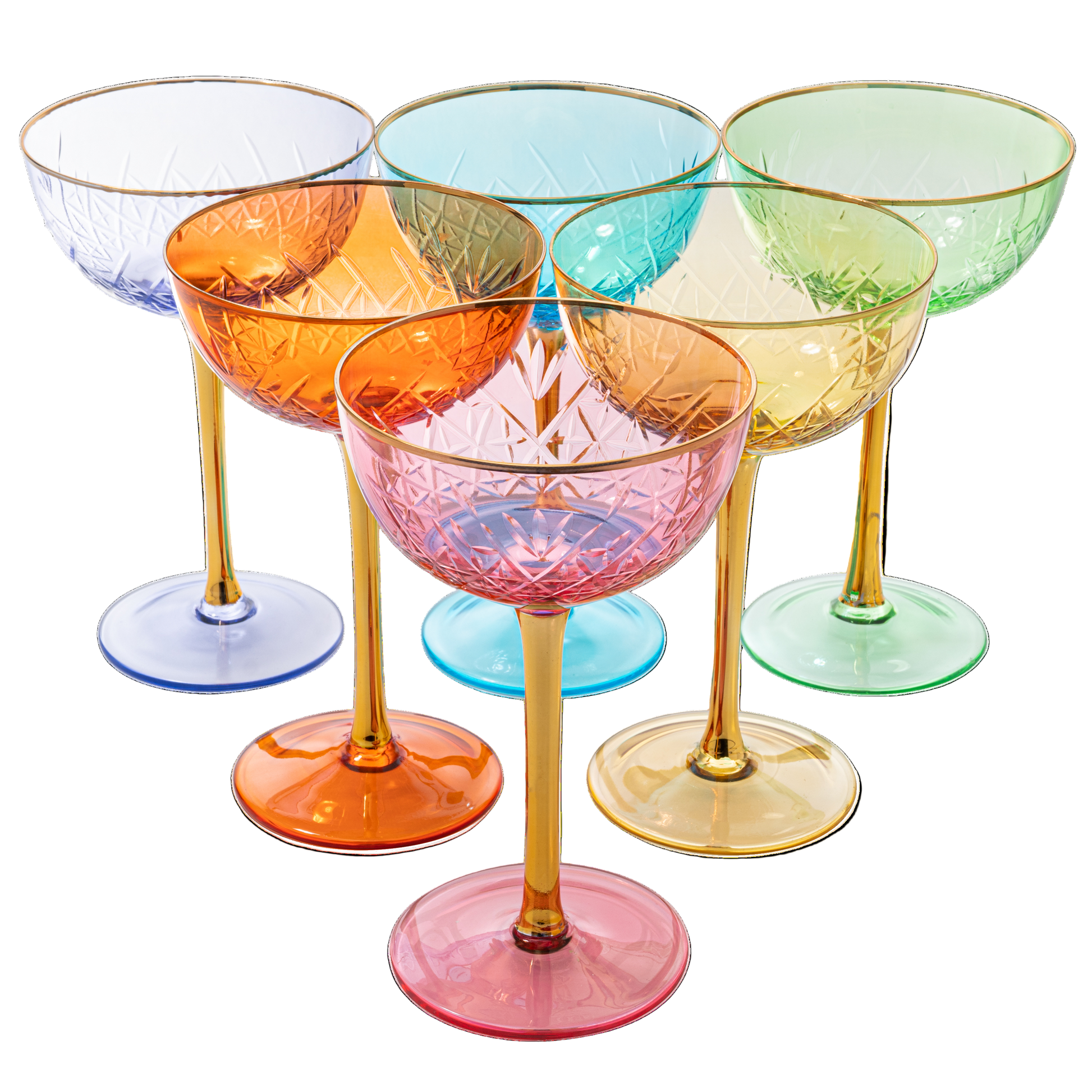Set of six colorful glass goblets on a white background