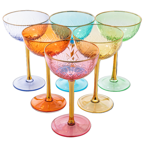 Set of six colorful glass goblets on a white background