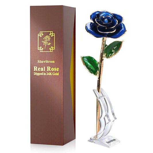Sinvitron Gold Dipped Rose 24K Real Rose Long Stem Gold Plated Rose with Stand for mom 24K Golden Rose for Anniversary Valentines Day Birthday (Deep Blue)