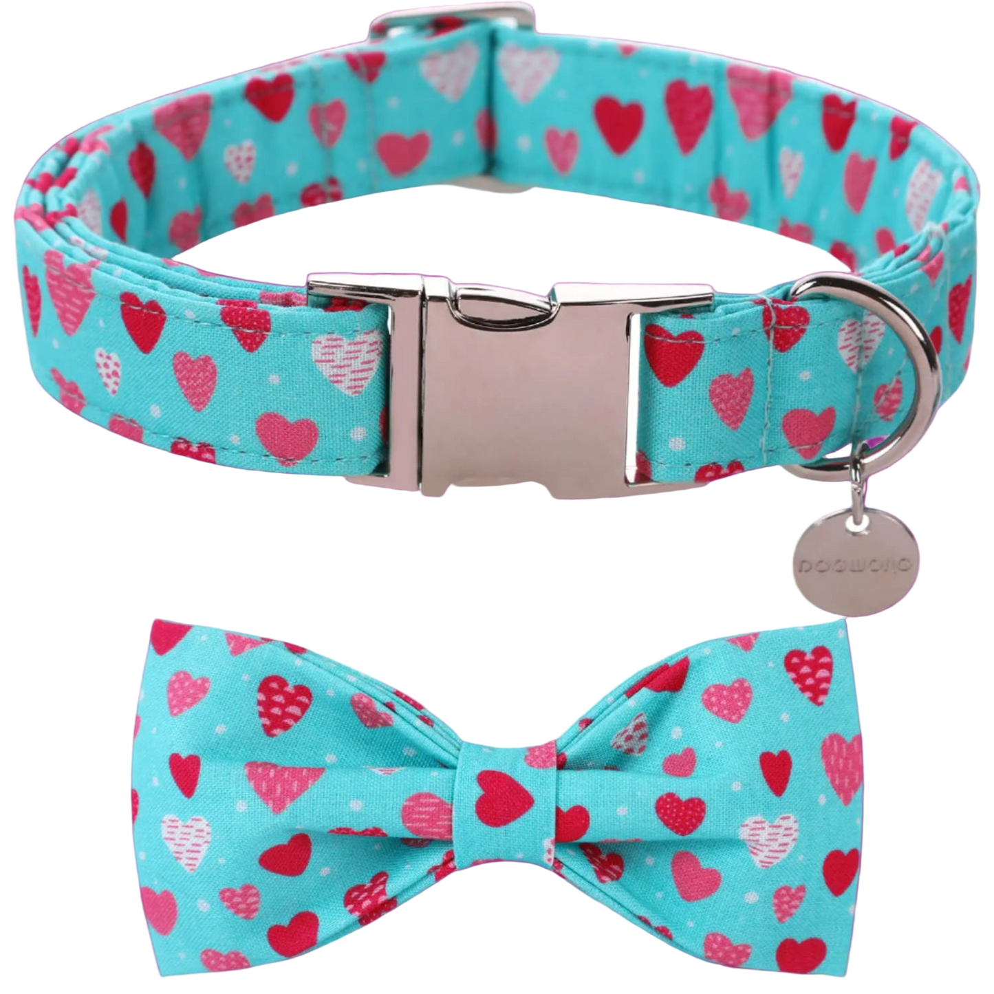 Dog collar and bow tie set with heart pattern on a turquoise background