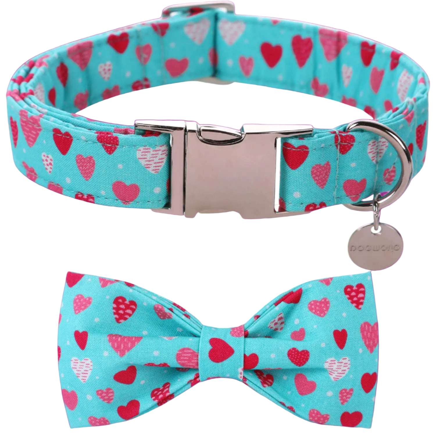 Dog collar and bow tie set with heart pattern on a turquoise background