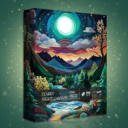 Starry Night Canyon puzzle box with a colorful landscape design on a white background