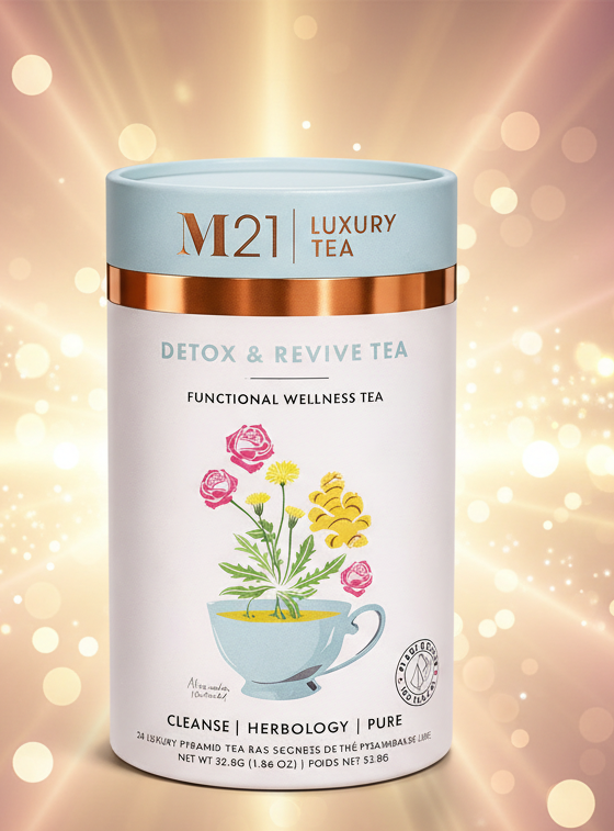 M21 Luxury Tea packaging with floral design on a light background