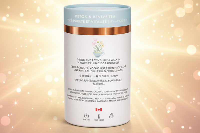 Detox and revive tea canister with text on a light gray background
