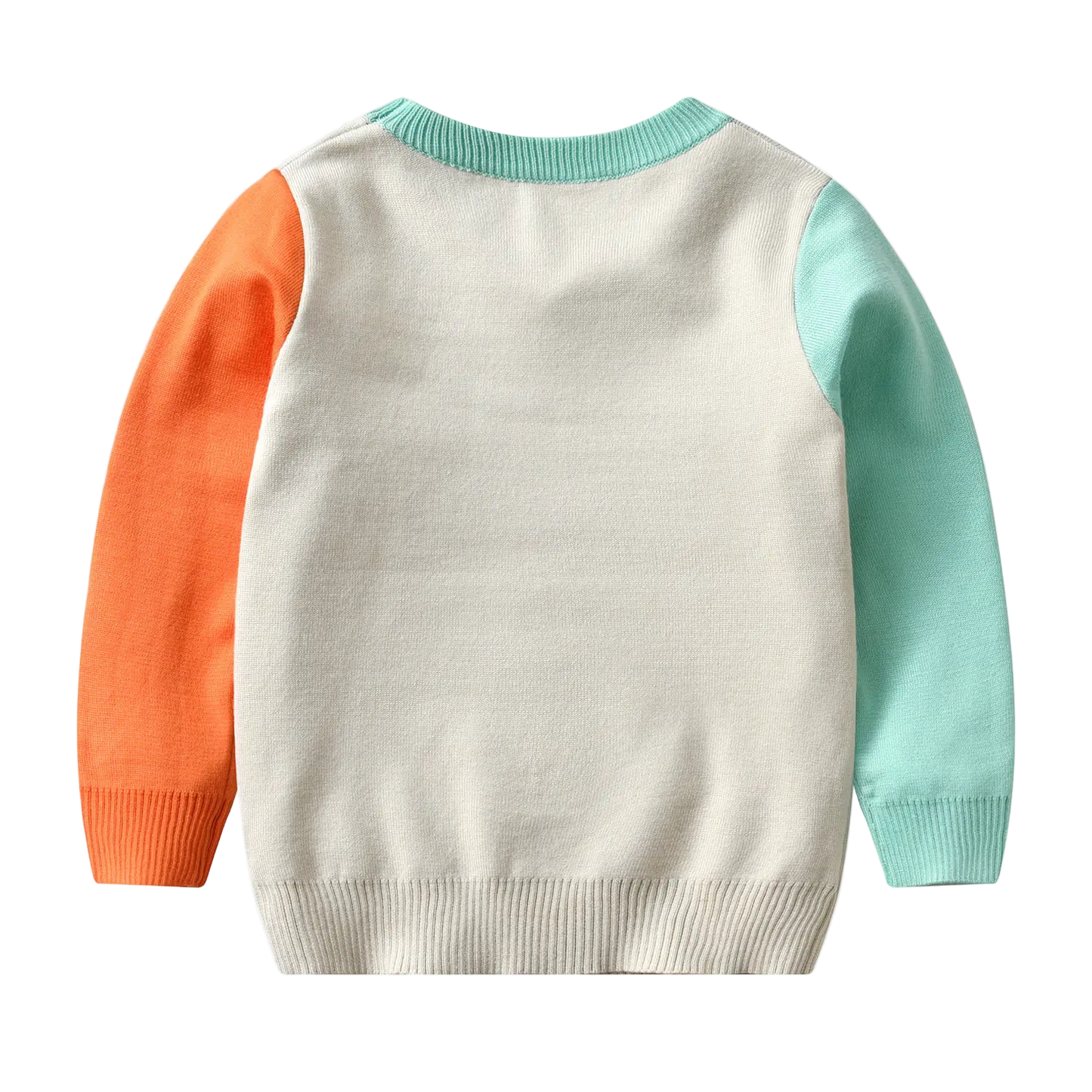 Color-blocked sweater with orange, white, and teal sleeves on a white background