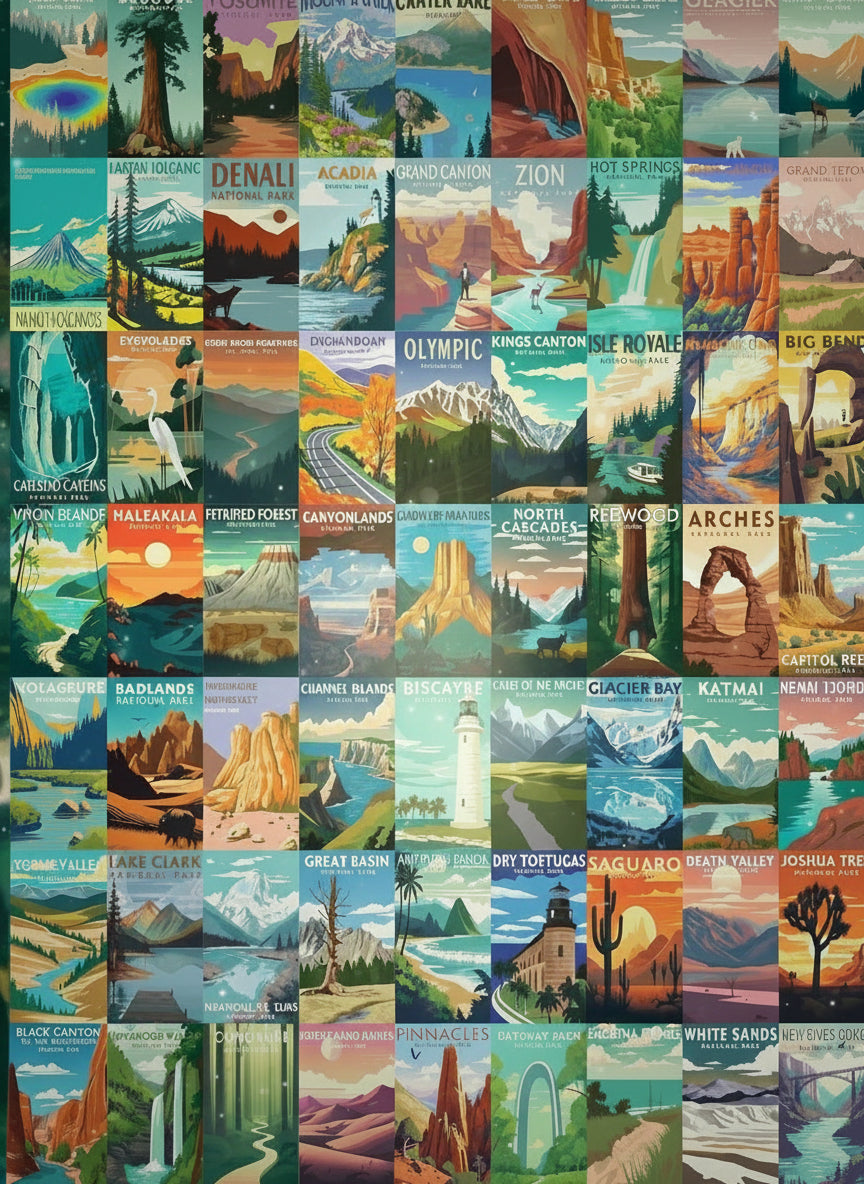 Collage of various national park posters with different landscapes.
