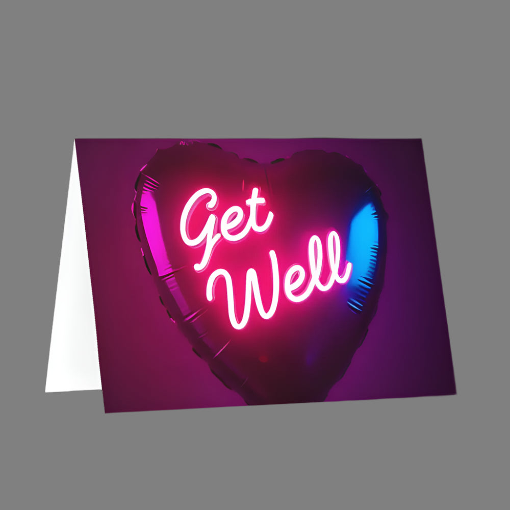 Neon-style 'Get Well' card with a heart-shaped balloon design on a purple background