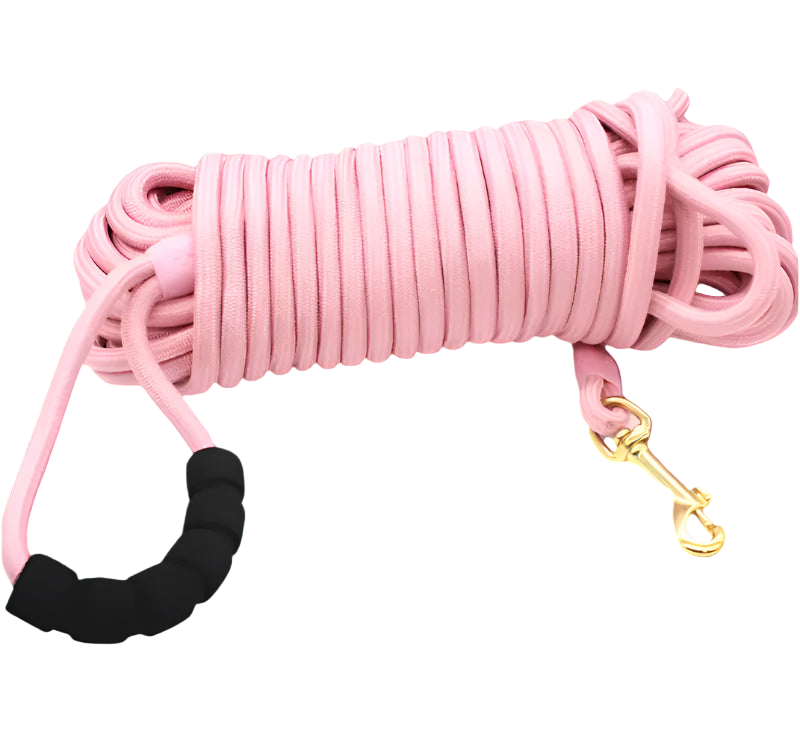 Pink rope leash with black handle and gold clasp on a white background, labeled '20 meters'.