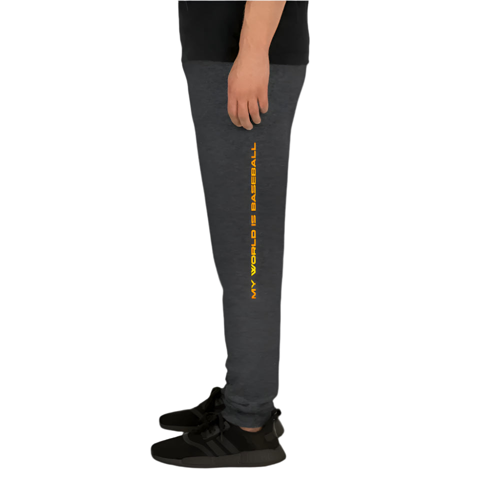 Gray sweatpants with yellow text on a white background