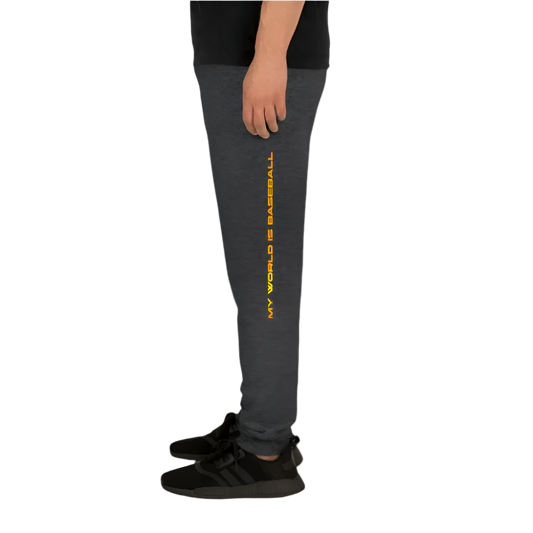 Gray sweatpants with yellow text on a white background