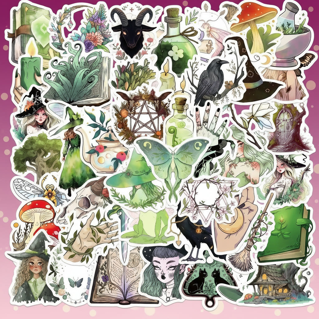 Collection of colorful fantasy-themed stickers featuring various elements like books, animals, and nature.