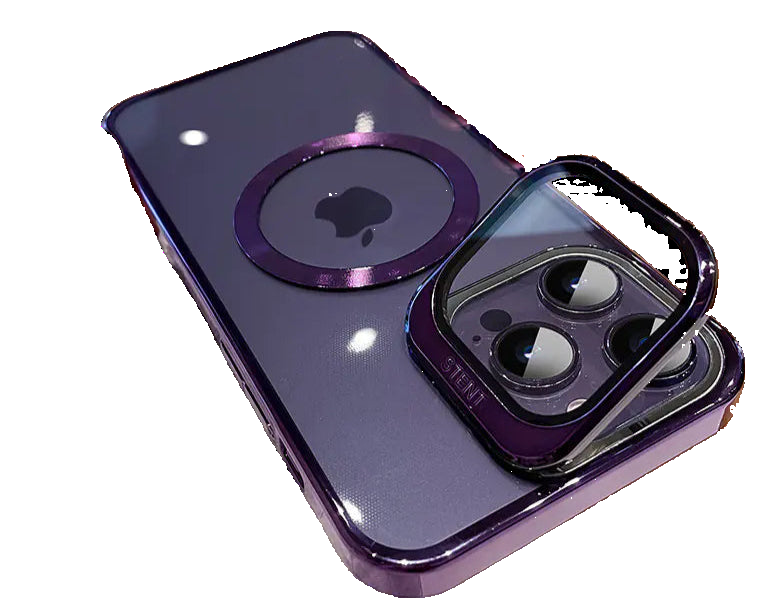 Purple phone case with a clear back and black ring holder held by a person on a wooden surface.