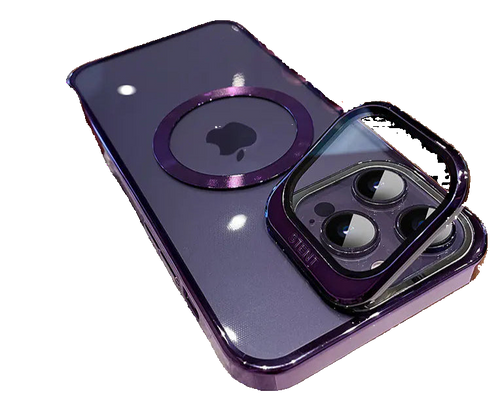 Purple phone case with a clear back and black ring holder held by a person on a wooden surface.