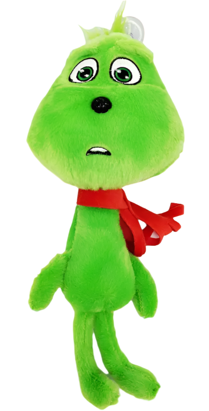 Green plush toy with a red bow tie on a white background