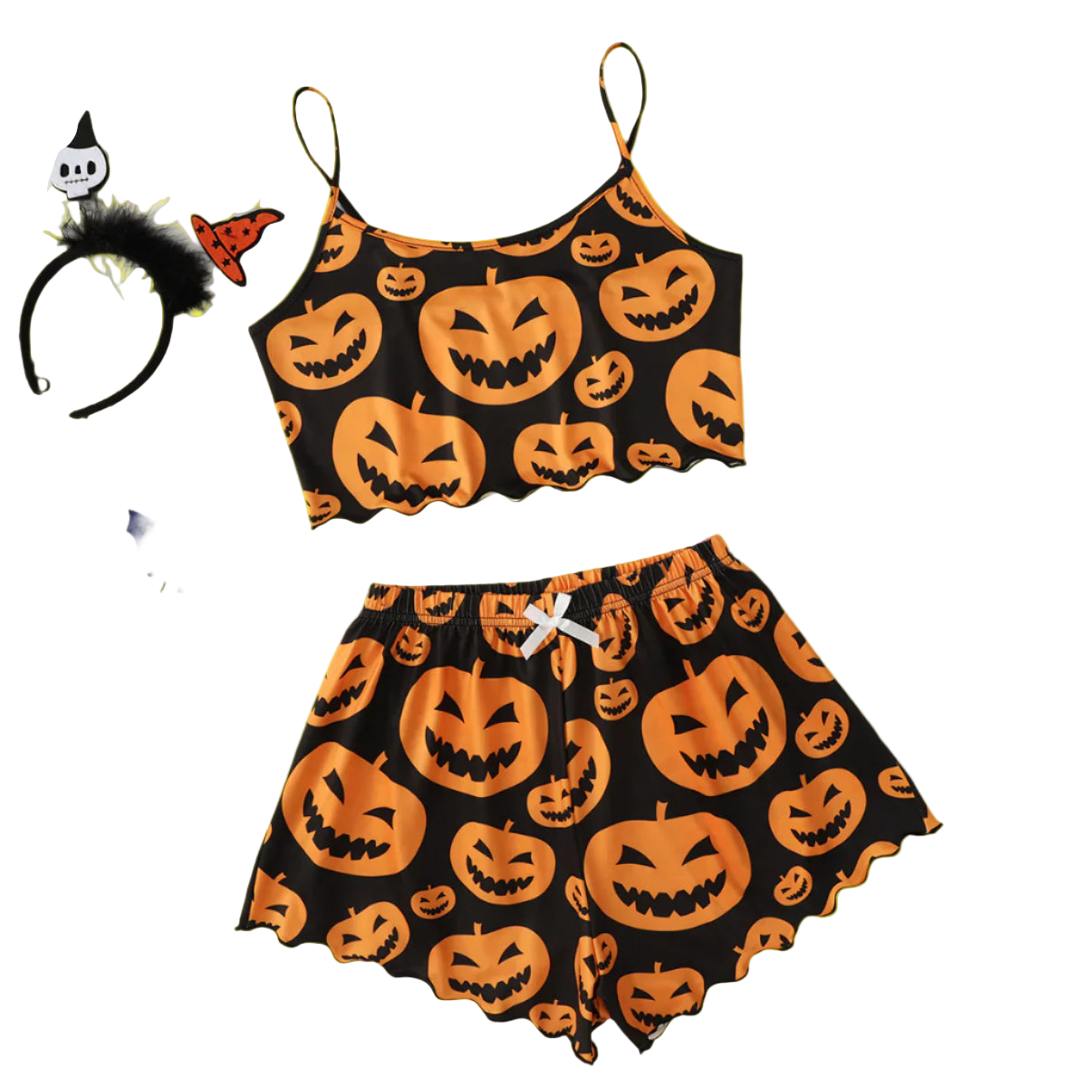 Halloween-themed outfit with black top and shorts featuring orange jack-o'-lanterns on a white background.