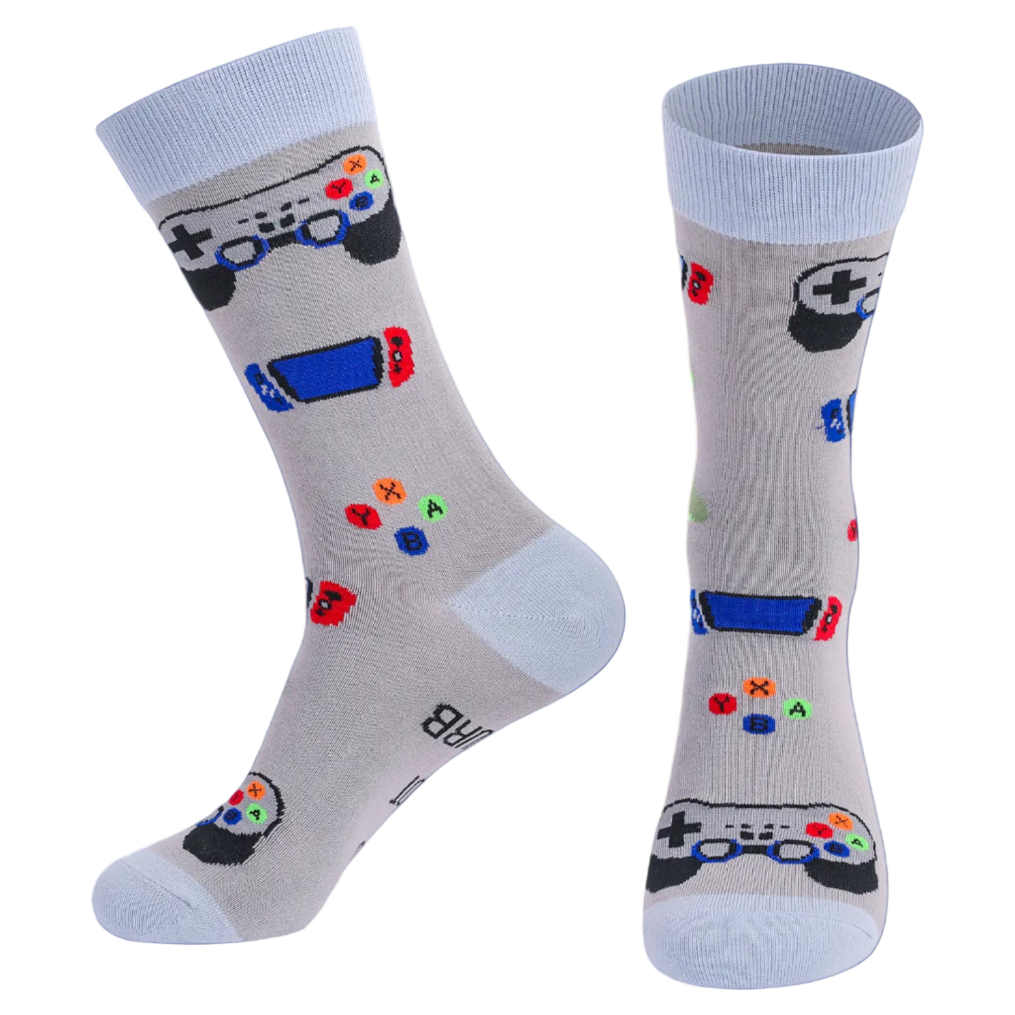 Gray socks with video game controller designs on a white background