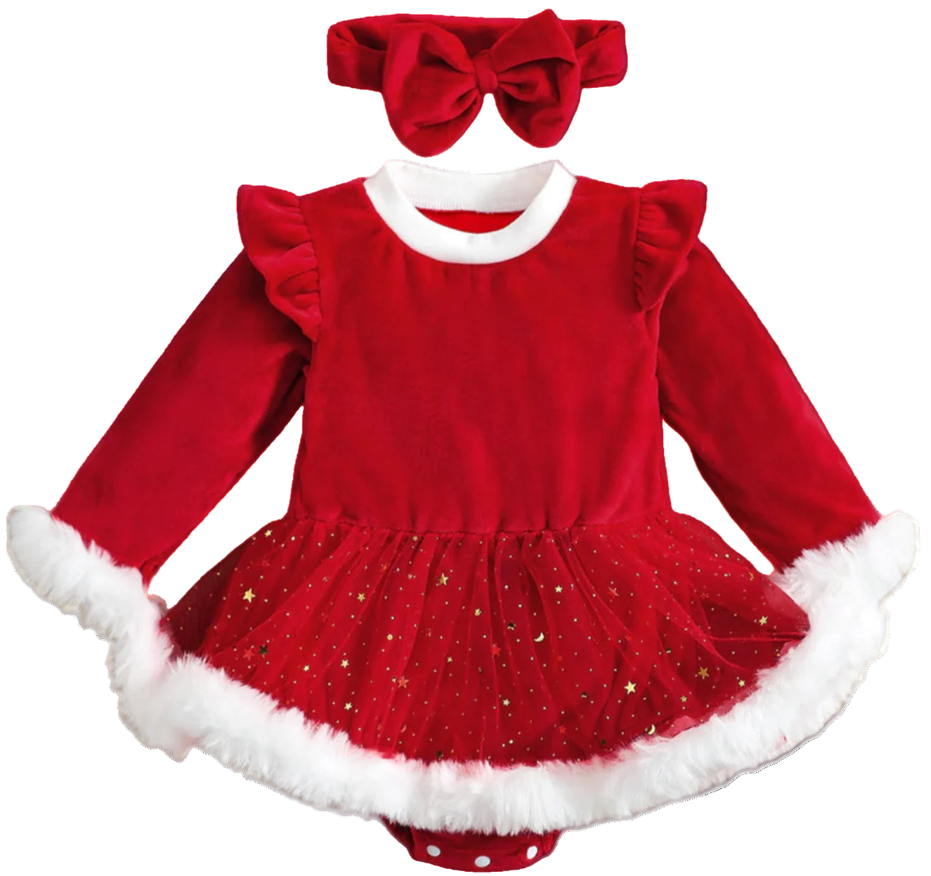 Red Christmas dress with white trim and matching headband on a wooden surface with holiday decorations.