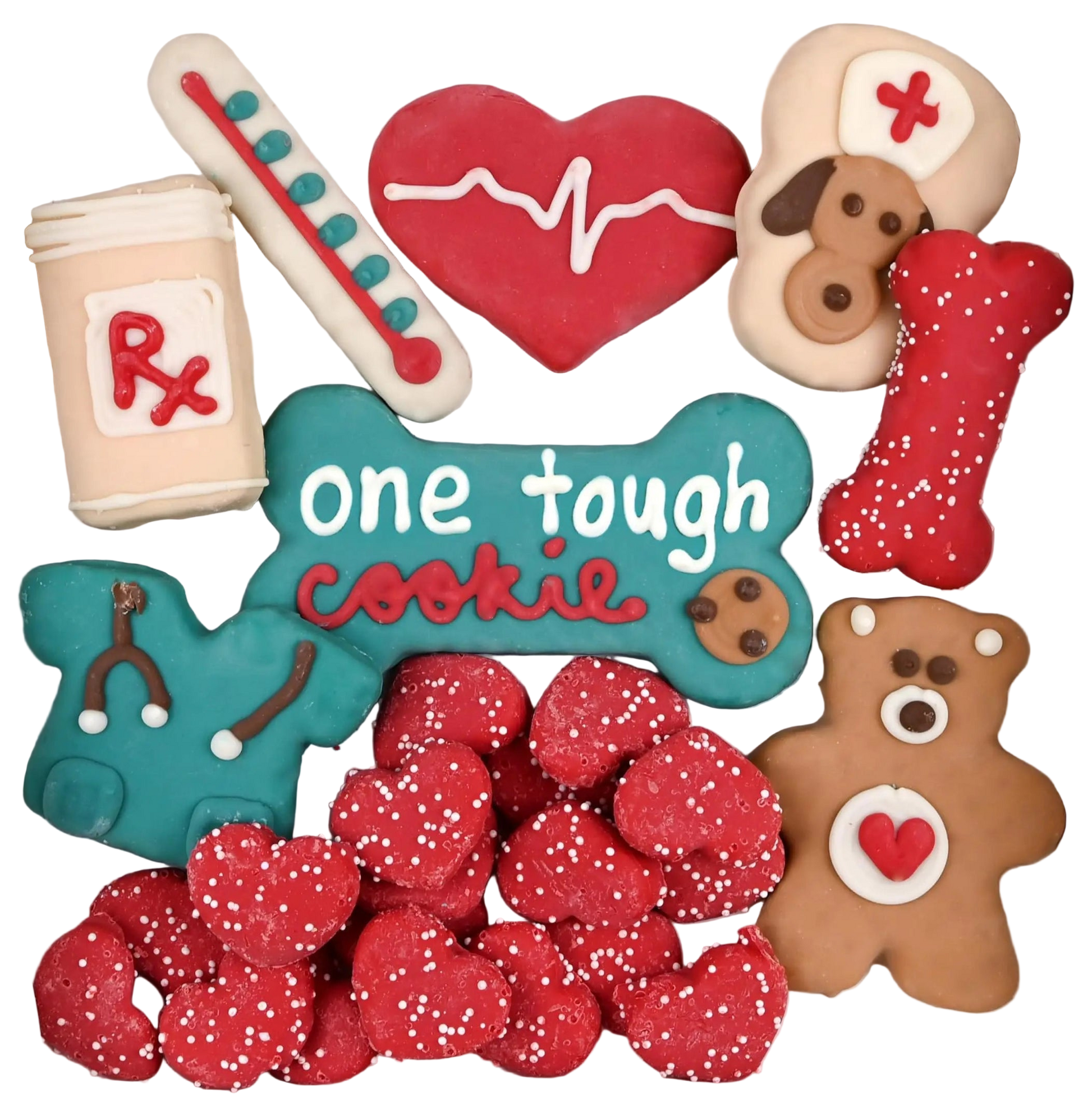 Collection of decorated cookies shaped like medical-themed items in a box.