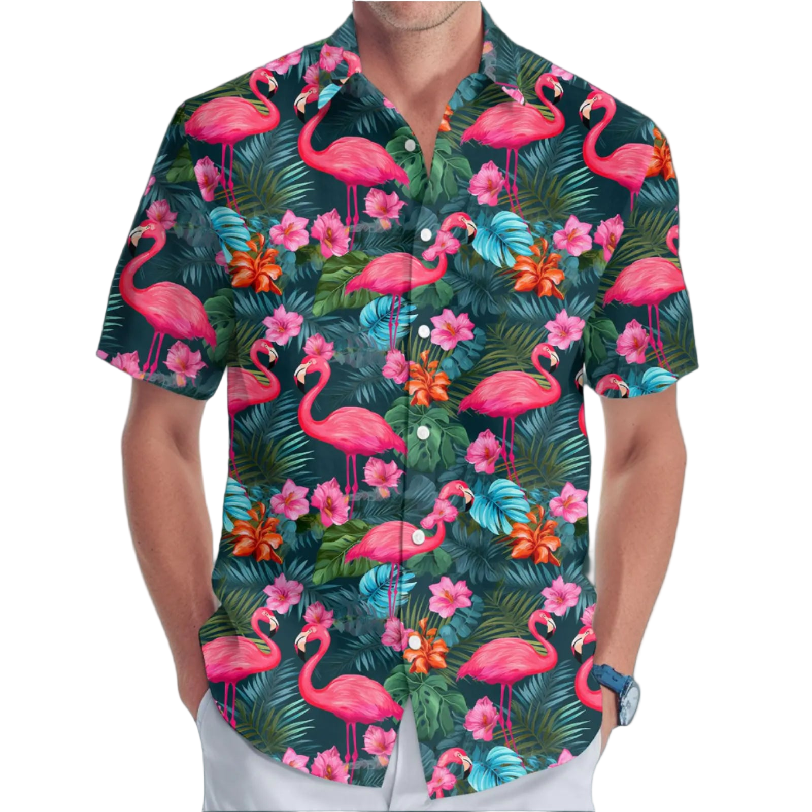 Shirt with flamingo and tropical leaf pattern on a white background