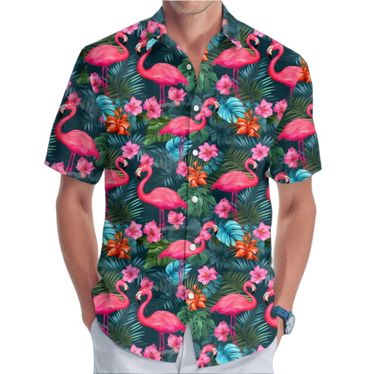 Shirt with flamingo and tropical leaf pattern on a white background