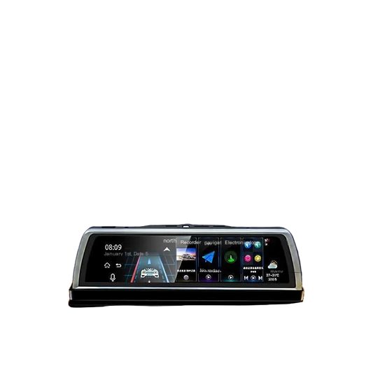 Car dashboard with a digital display showing various icons and information against a blurred night-time background.